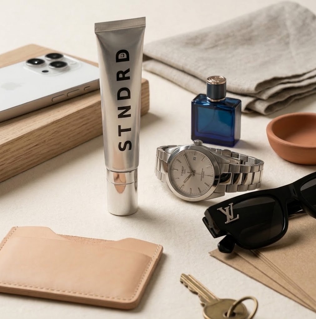 Closer view of the STNDRD tube among the same everyday carry items