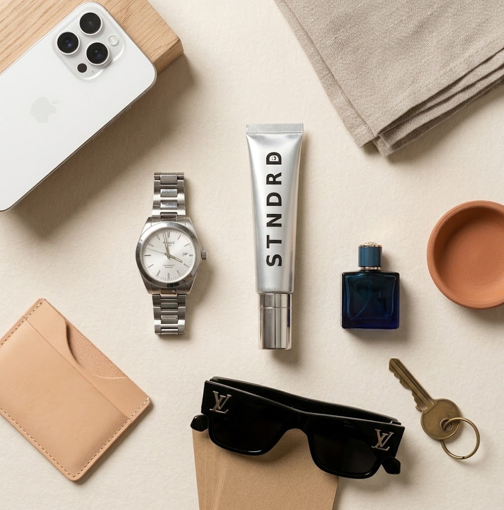 STNDRD lip balm tube arranged with everyday carry items: phone, watch, wallet, sunglasses, keys